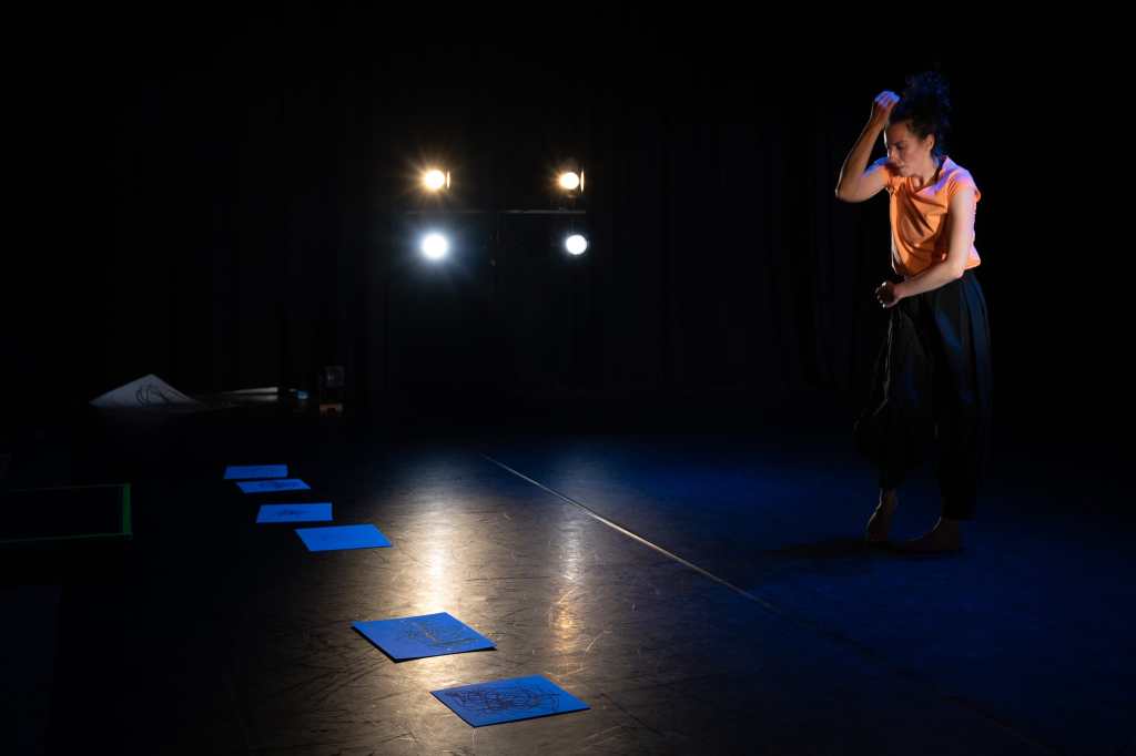 Photo of Helen performing Collecting Moments, at the Crescent Arts Centre, Belfast, during the Bounce Arts Festival. Helen is wearing a pale orange top and black trousers, that seem to blend into the background. The photo catches her in mid flow of movement. One hand is on her head. She stands behind six sheets of paper. At one part of the performance, Helen had asked audience members to ‘draw’ her right hand as it moved. She then collected their drawings and now uses then to improvise new movement. This part of the show changes every performance.